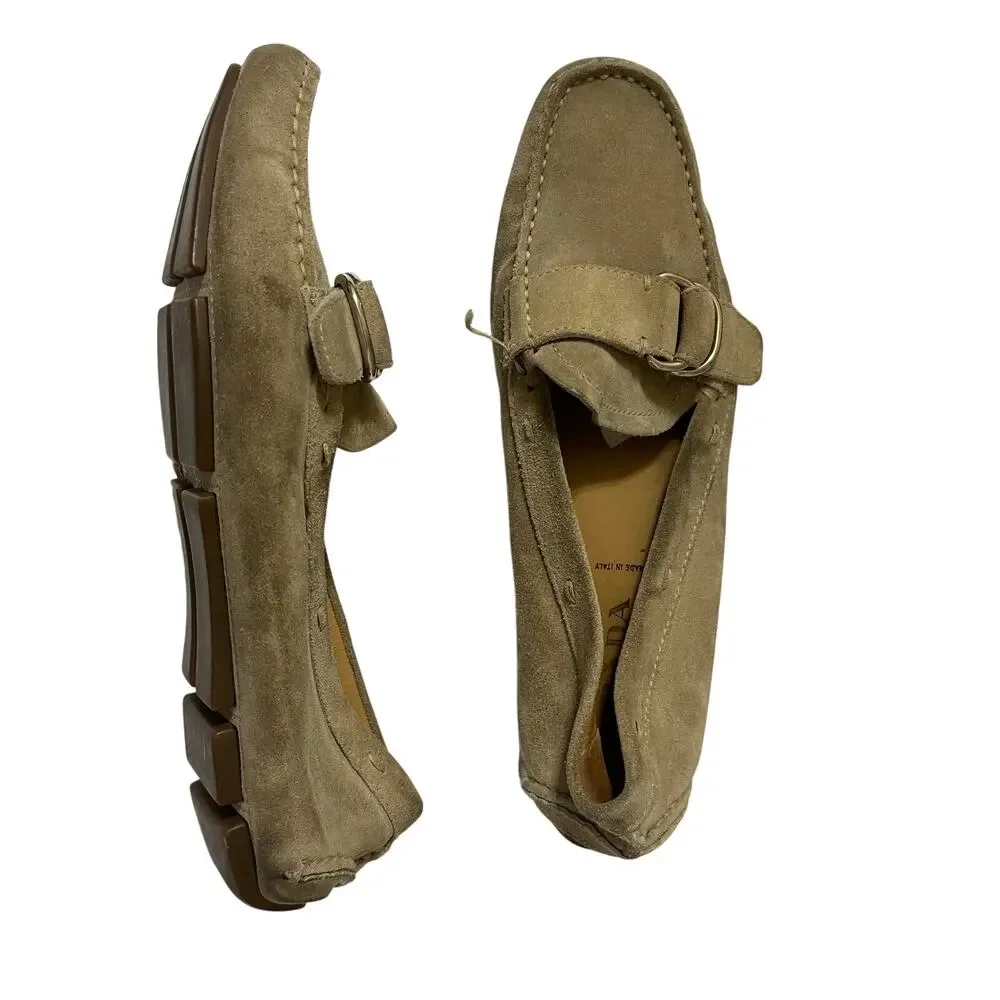 PRADA Driving Moccasins Beige Suede Rubber Sole Silver Buckle